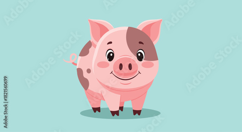 Adorable pink cartoon piglet with a spotted patch and a curly tail standing and smiling against a light blue background.