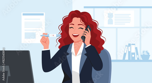 Happy businesswoman with red hair talking on the phone in her office while joyfully looking at a positive pregnancy test.