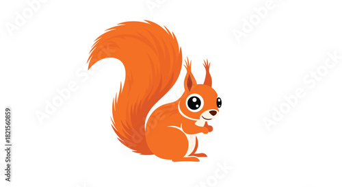 Cute and simple cartoon squirrel with big eyes and a large bushy tail standing on its hind legs on a white background.