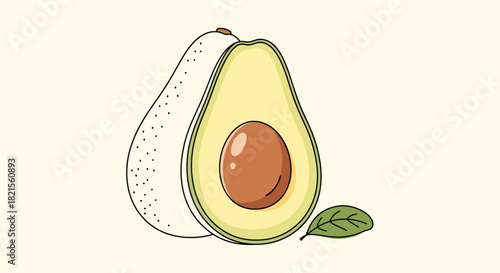 Minimalist illustration of a halved avocado with a seed and a whole one behind it on a light yellow background with a leaf.