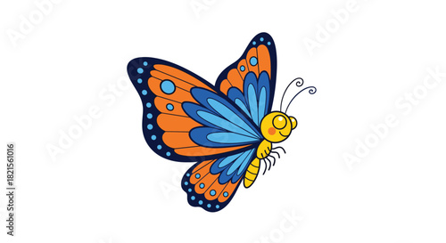 Colorful cartoon butterfly with bright orange and blue patterned wings flying with a happy smiling face on a white background.