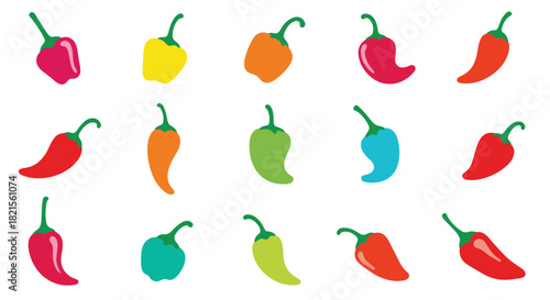Collection of colorful chili peppers in various shapes and vibrant colors like red yellow green and blue on a white background.