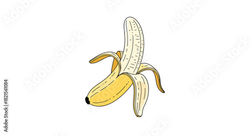 Simple illustration of a single ripe yellow banana partially peeled to show the fruit inside drawn in a clean line art style.
