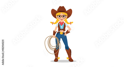 Cute cartoon cowgirl with blonde pigtails glasses and a lasso standing confidently on a clean white background for design.