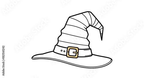Simple black and white line art of a classic witch hat with a buckle for Halloween coloring pages or decoration designs.
