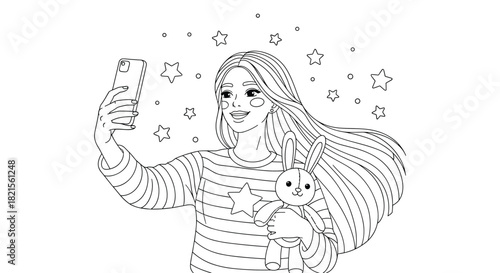 Line art coloring page of a happy young woman with long hair taking a selfie with her phone while holding a toy rabbit.