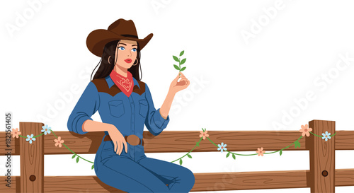 Beautiful cowgirl in a denim outfit and hat sitting on a rustic wooden fence decorated with flowers holding a small plant.