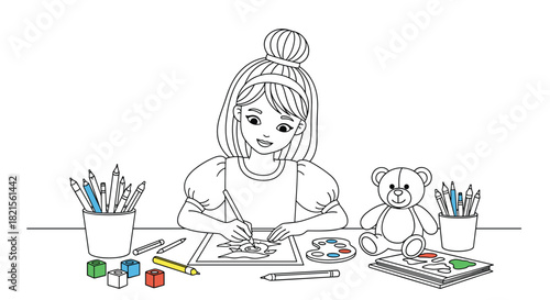 Coloring page of a young girl with a hair bun happily drawing and painting at a desk with art supplies and a teddy bear.