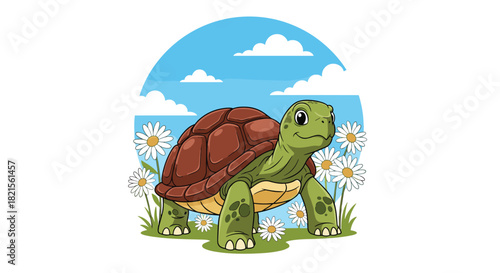 Cute cartoon tortoise walking happily through a field of daisies under a blue sky with fluffy white clouds in a circle frame.