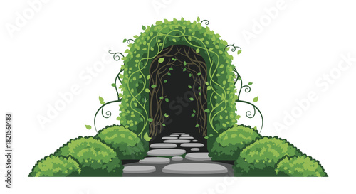 Mysterious and magical archway made of green leaves and vines with a stone path leading into a dark enchanted forest.