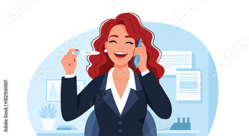Joyful businesswoman with red hair laughing on the phone in her office while holding up a positive pregnancy test result.
