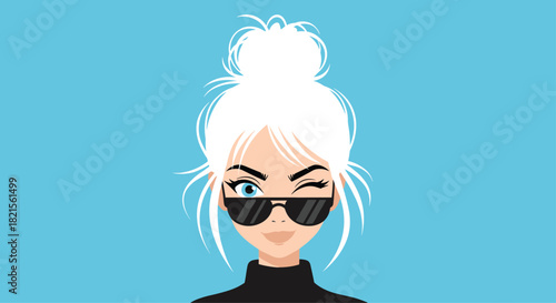 Stylish cartoon woman with white hair in a messy bun winking while wearing black sunglasses against a solid blue background.
