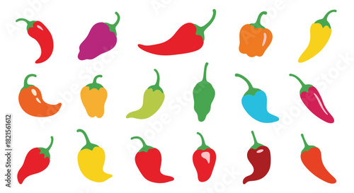 Large set of colorful chili peppers in various shapes and vibrant colors including red yellow green and orange on white.