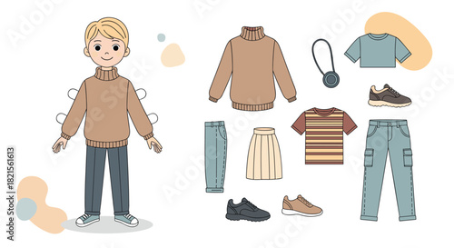 Paper doll game set featuring a cute boy with a variety of stylish casual and modern outfits and shoes for dressing up.