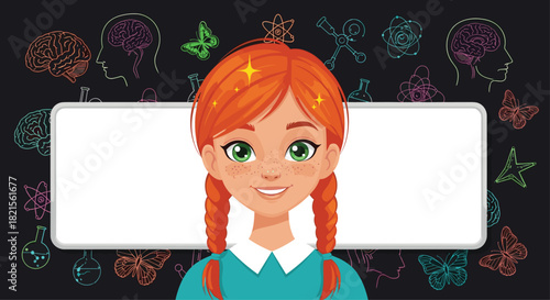 Smart and friendly red-haired girl with braids in front of a blank white board and a chalkboard with science doodles.