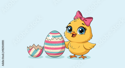 Adorable baby chick with a pink bow happily standing next to a colorful decorated Easter egg that has just hatched.