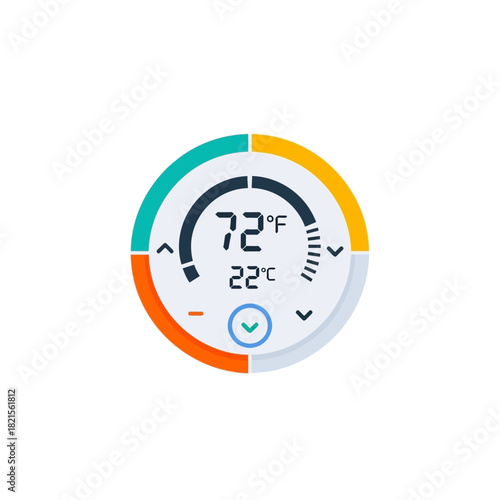 Circular smart thermostat interface with a digital display showing 72F and 22C, featuring a colorful segmented dial and control icons.