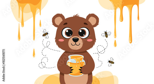 Adorable cartoon brown bear with big eyes holding a glass jar of sweet honey with bees flying around on a white background.