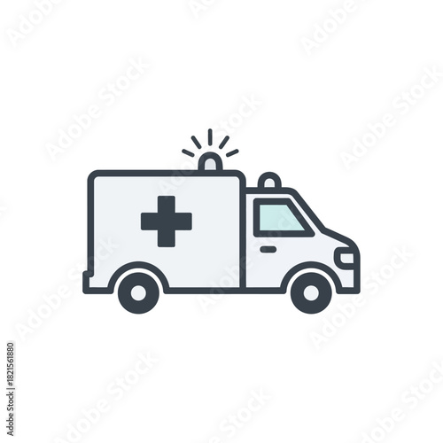 Flat Design White Ambulance Icon with Emergency Light and Medical Cross Symbol.