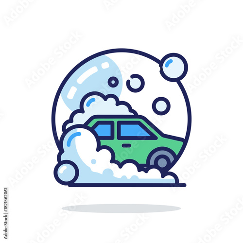 Green Car Surrounded by Bubbles and Foam, Carwash Icon, Cleanliness Concept.