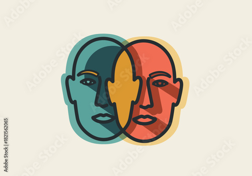Abstract dual faces with overlapping colorful geometric design