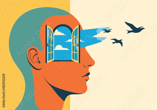 Surreal profile of a head with open window to the sky and flying birds