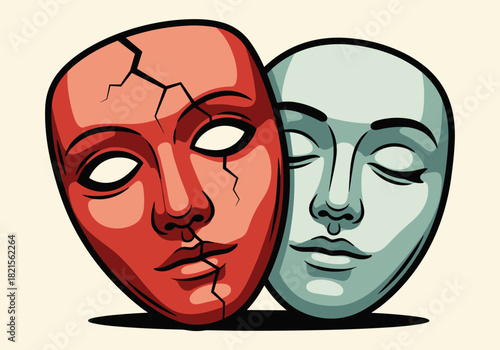 Dramatic theater masks symbolizing duality and emotion in bold artistic style