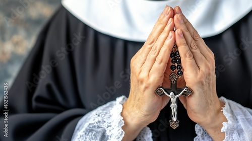 Prayer Beads in Hands, Nun praying with rosary beads, Funeral Attributes,   meditation branding, wellness campaigns, product advertising, : religious materials, spiritual retreats, church promotions