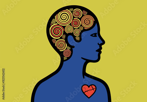 Colorful spiral brain in silhouette design with heart symbol on yellow background