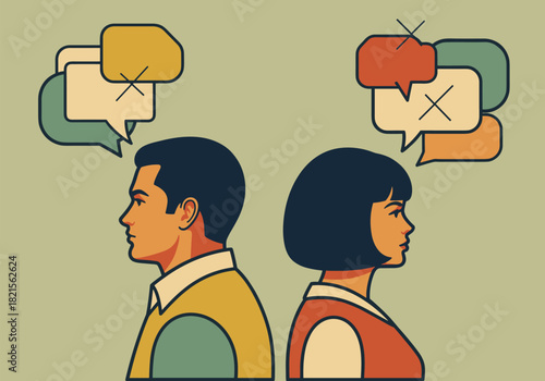 Retro style communication concept with thoughtful dialogue between individuals