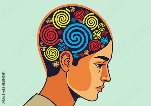 Colorful abstract concept of mental health with spirals in human profile