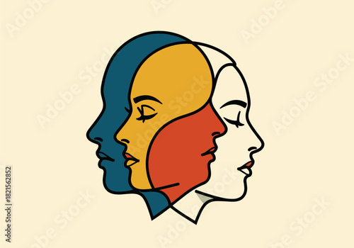 Abstract multicolored line art faces overlapping in contemporary design
