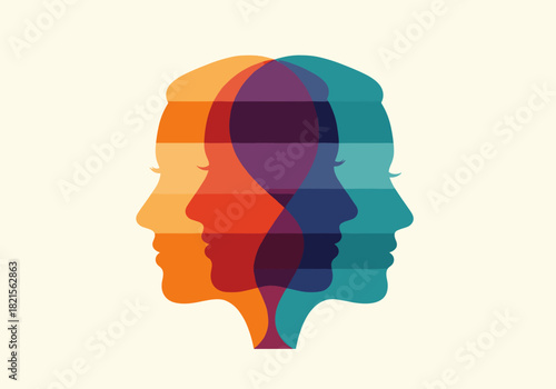 Abstract colorful overlapping silhouettes of human heads on light background