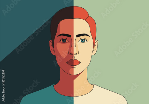 Minimalist portrait with dual color background and distinctive facial highlights