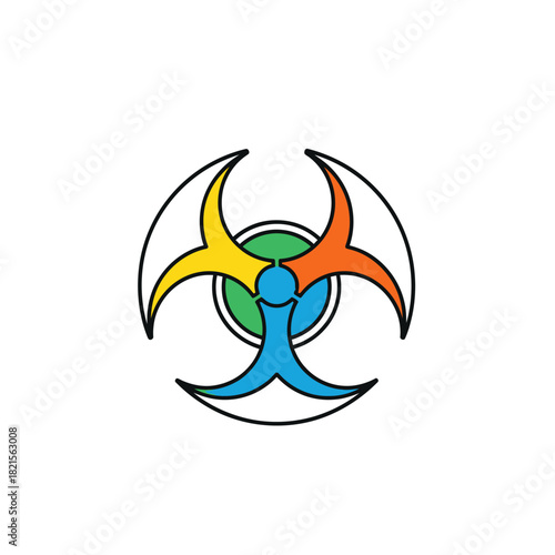 Vibrant multi-colored biohazard symbol with distinct yellow, orange, blue prongs and a green central circle.