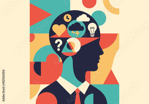 Abstract human mind with geometric shapes and icons in modern flat design