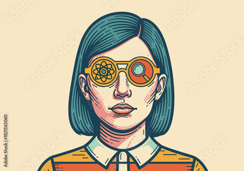 Retro futurism: stylized portrait with cosmic glasses