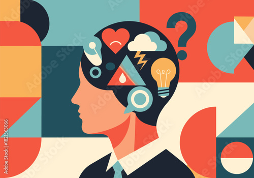 Abstract human head with geometric shapes and symbols in modern art style