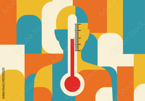 Colorful abstract human with thermometer: geometric temperature art design