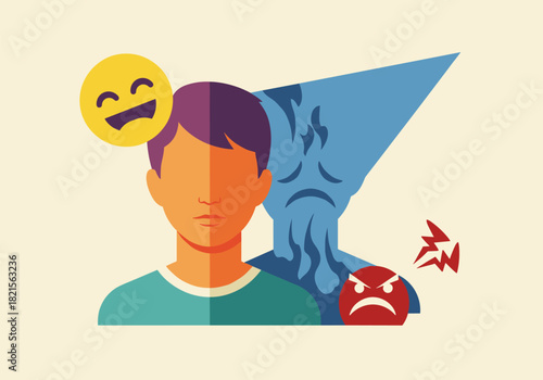 Emotional duality concept with happy and angry faces