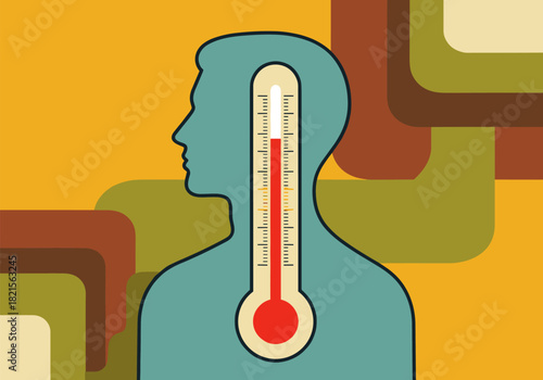 Human temperature concept with thermometer inside silhouette in retro geometric design