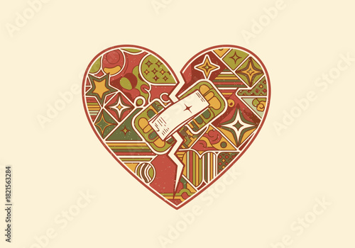 Retro geometric heart with rotating phones and abstract patterns