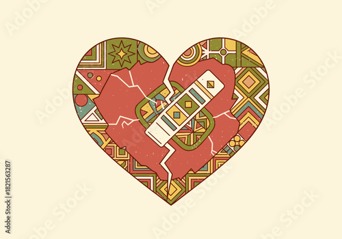 Geometric broken heart with healing bandage in abstract patterned style