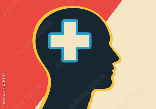 Mental health care concept with cross inside human silhouette in modern flat design