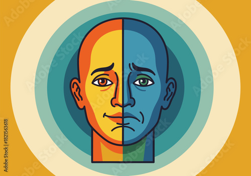 Abstract duality: colorful symmetrical face art with emotional expressions