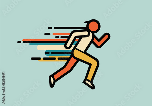 Dynamic racing figure with retro stripes in flat style on teal background