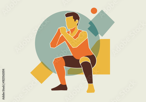 Geometric abstract exercise pose with bold shapes and colors