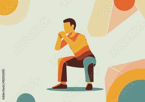 Colorful geometric fitness pose with abstract background elements