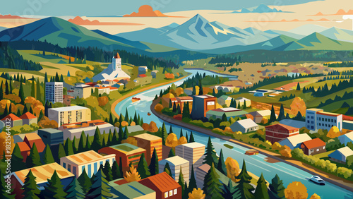 Very beautiful aerial panorama of Grants Pass, Oregon, showcasing tree-lined neighborhoods, the winding Rogue River, surrounding forested hills, and a clear bright sky over the scenic Southern Oregon 