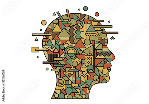 Abstract geometric head with multicolor shapes and patterns in profile view